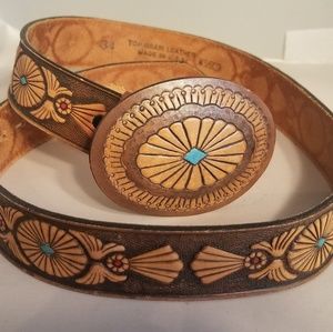 Tooled leather Western Concho embossed  belt sz 34